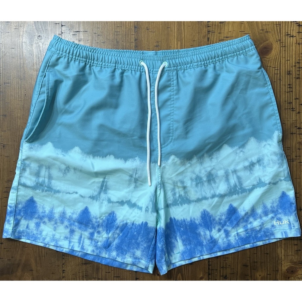 Huk Shorts Mens Large Blue Tie Dye Swim Trunks Drawstring Fishing Beach